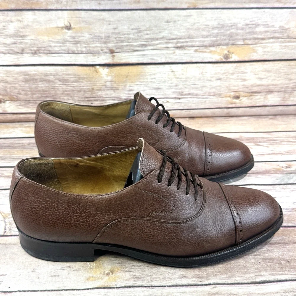 Lorenzi Mens Brown Pebbled Italian Leather Cap Toe Oxford Dress Shoes Size 8